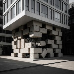 A modern corporate building resting on an unstable foundation of mismatched blocks, representing the hidden cost of cutting costs.