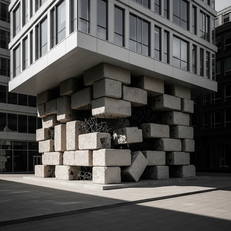 The Unstable Foundation A modern corporate building resting on an unstable foundation of mismatched blocks, representing the hidden cost of cutting costs.
